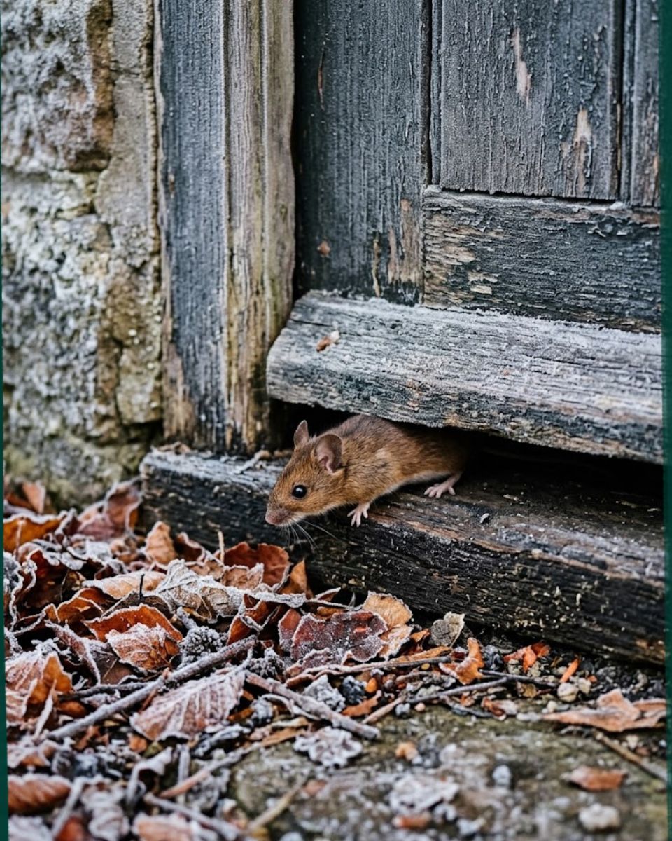 Mouse entering gap under door in autumn leaf litter — seasonal rodent problems in Savannah GA