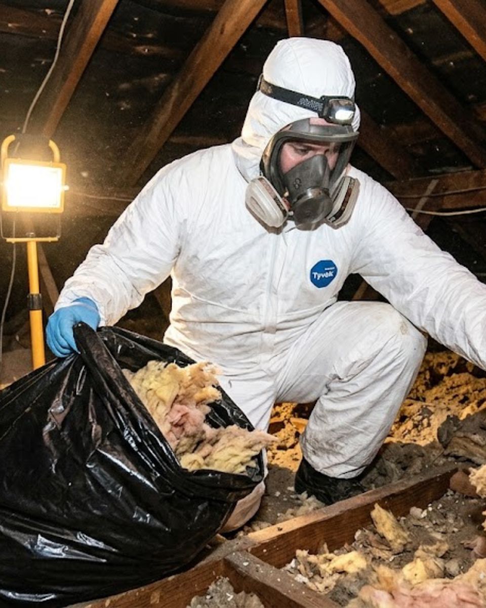 Technician in protective gear removing contaminated attic insulation β Savannah GA