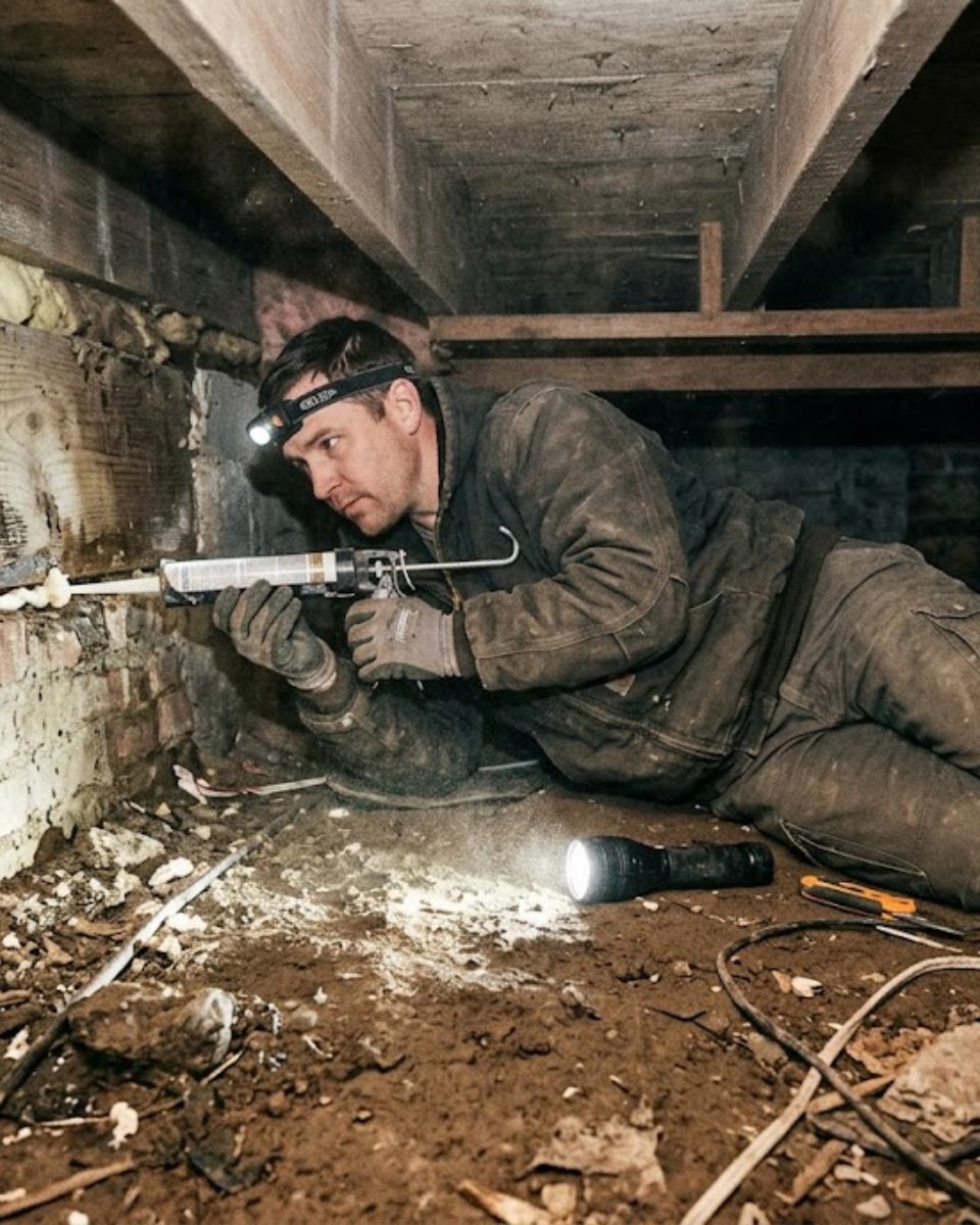 Technician sealing crawl space gap β crawl space rodent sealing in Savannah GA