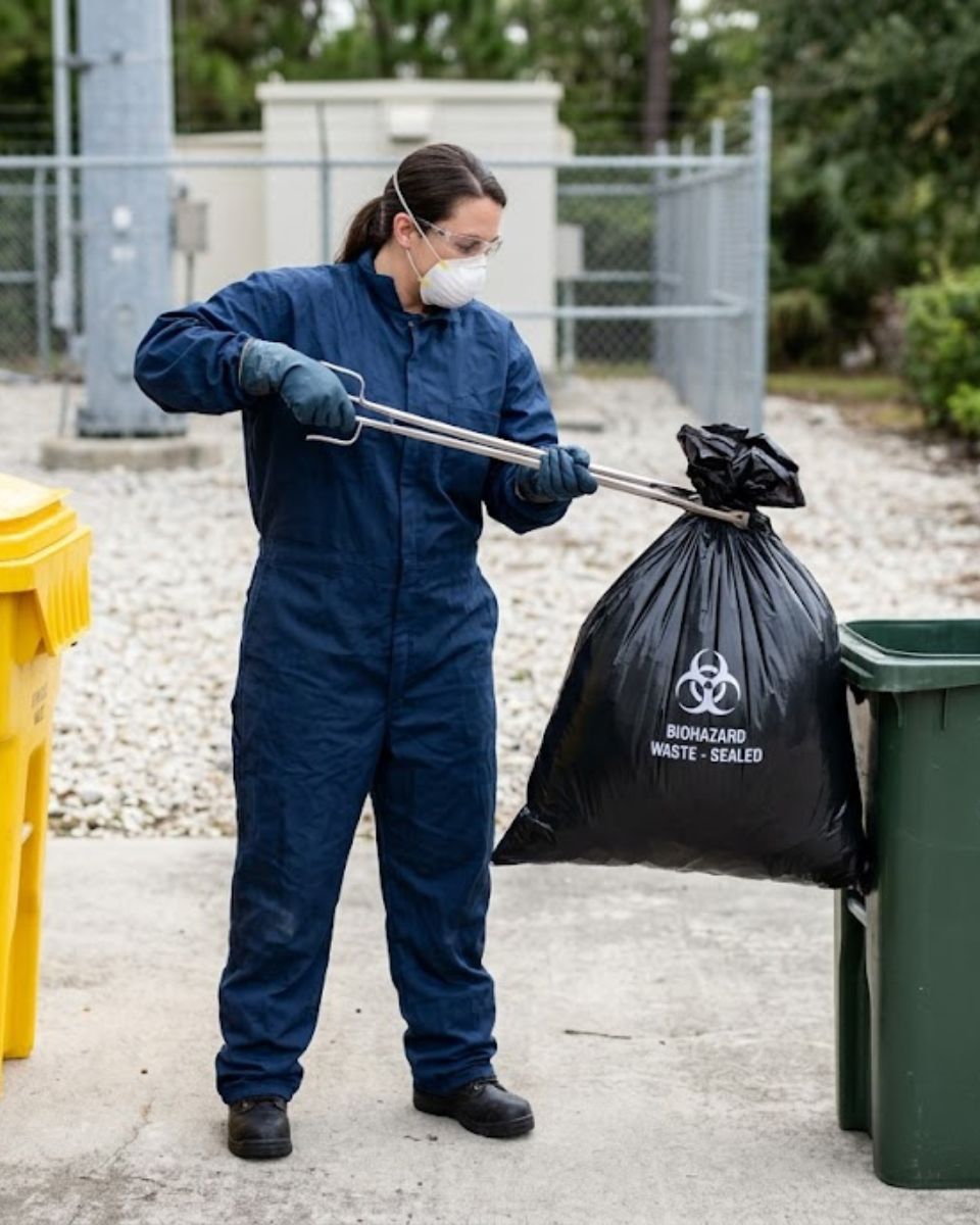 Gloved technician removing dead rodent with tongs — Savannah GA