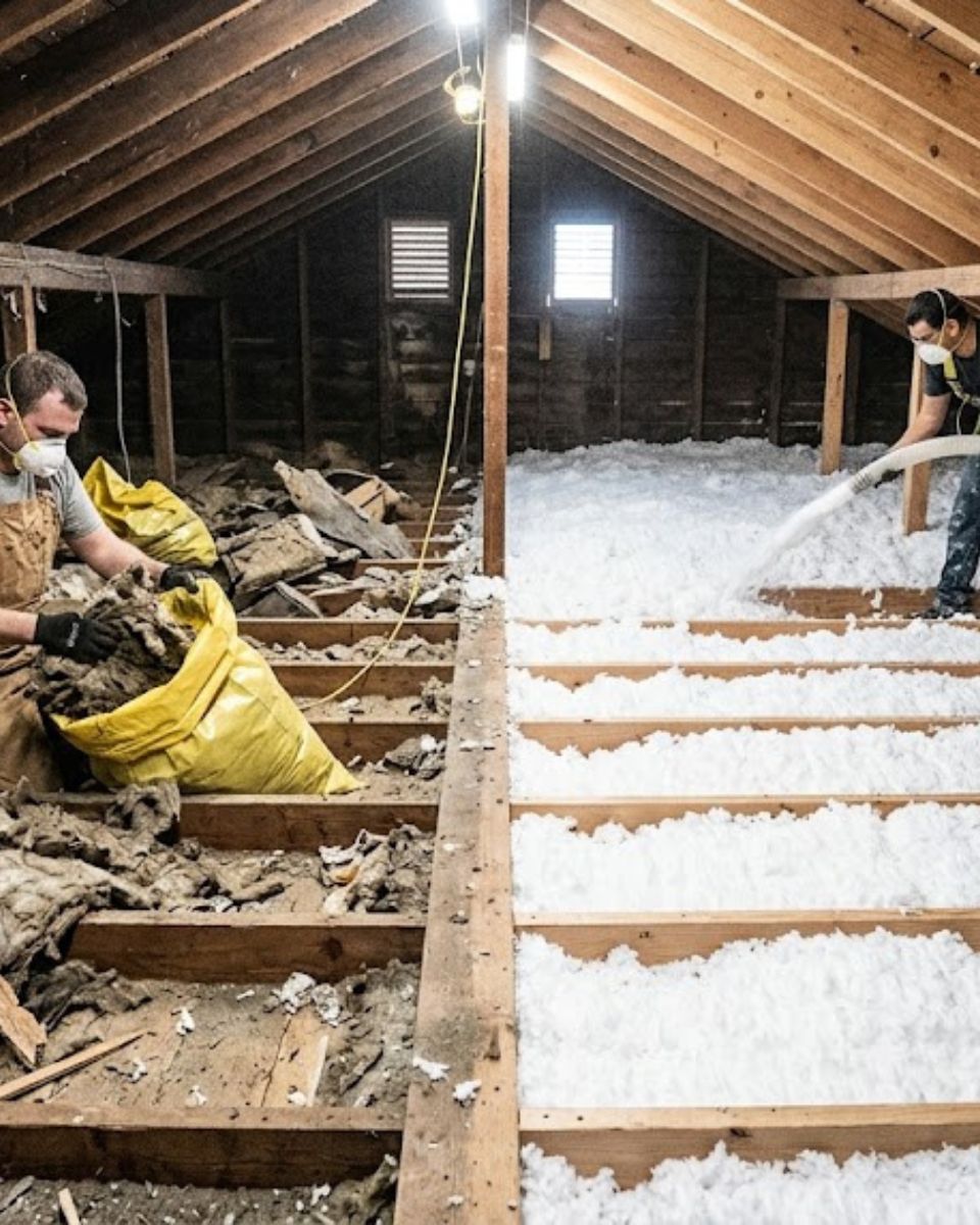 Damaged insulation being removed from attic β insulation replacement in Savannah GA