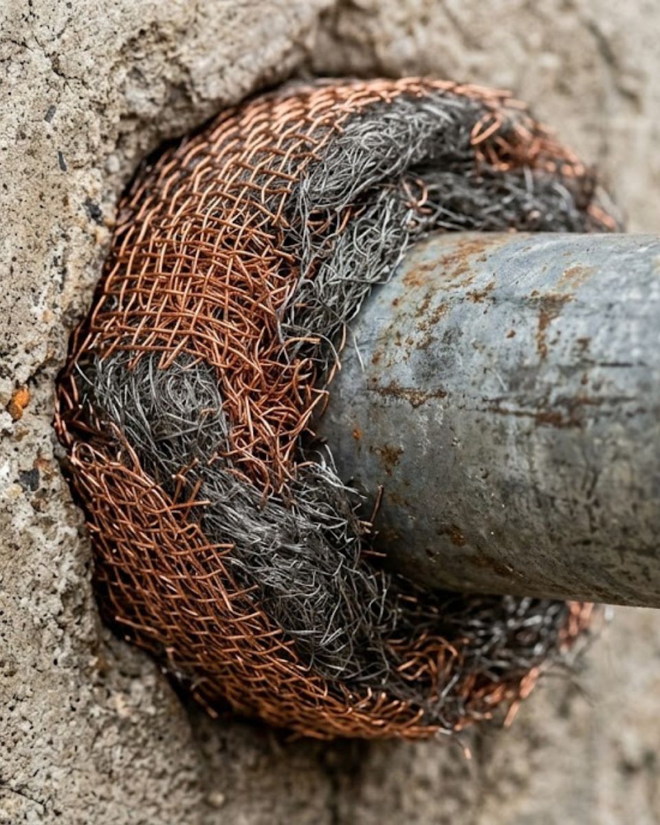 Copper mesh packed around pipe penetration — mouse proofing in Savannah GA