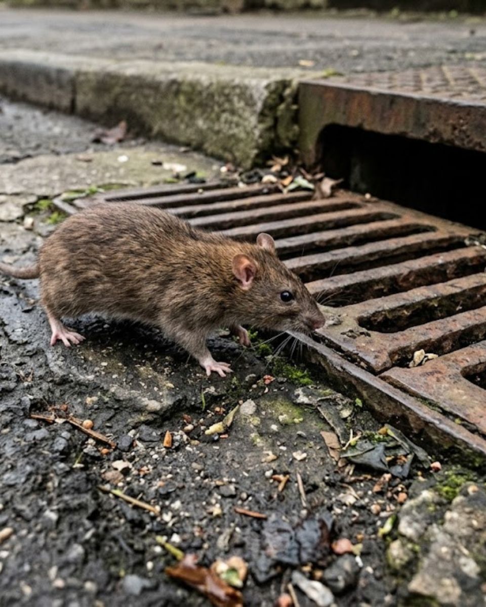 Norway rat near ground-level drain — Norway rat control in Savannah GA