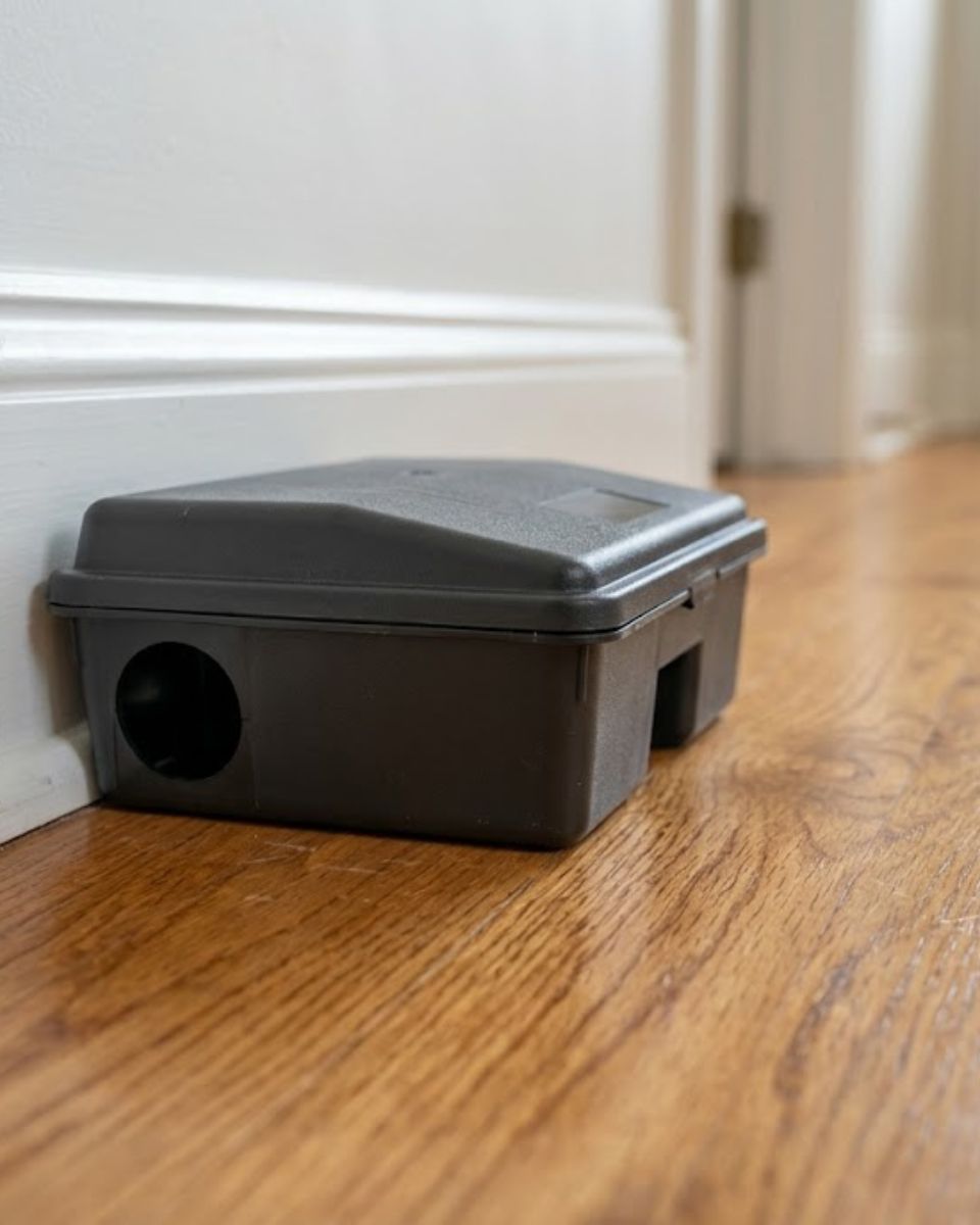 Rat control snap trap set along baseboard β rat removal in Savannah GA