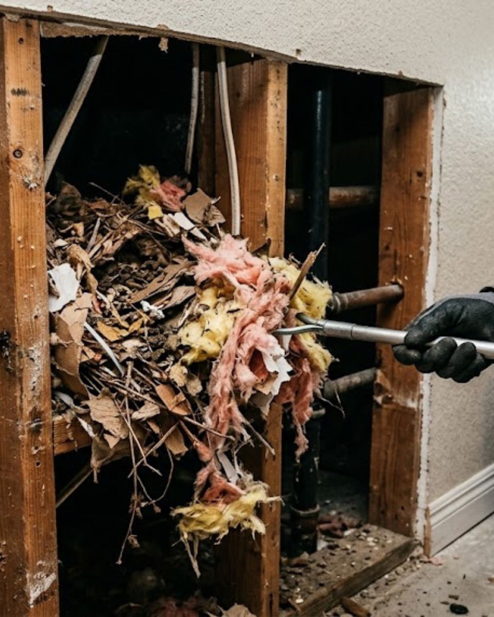 Rat nest material being removed from attic cavity β Savannah GA