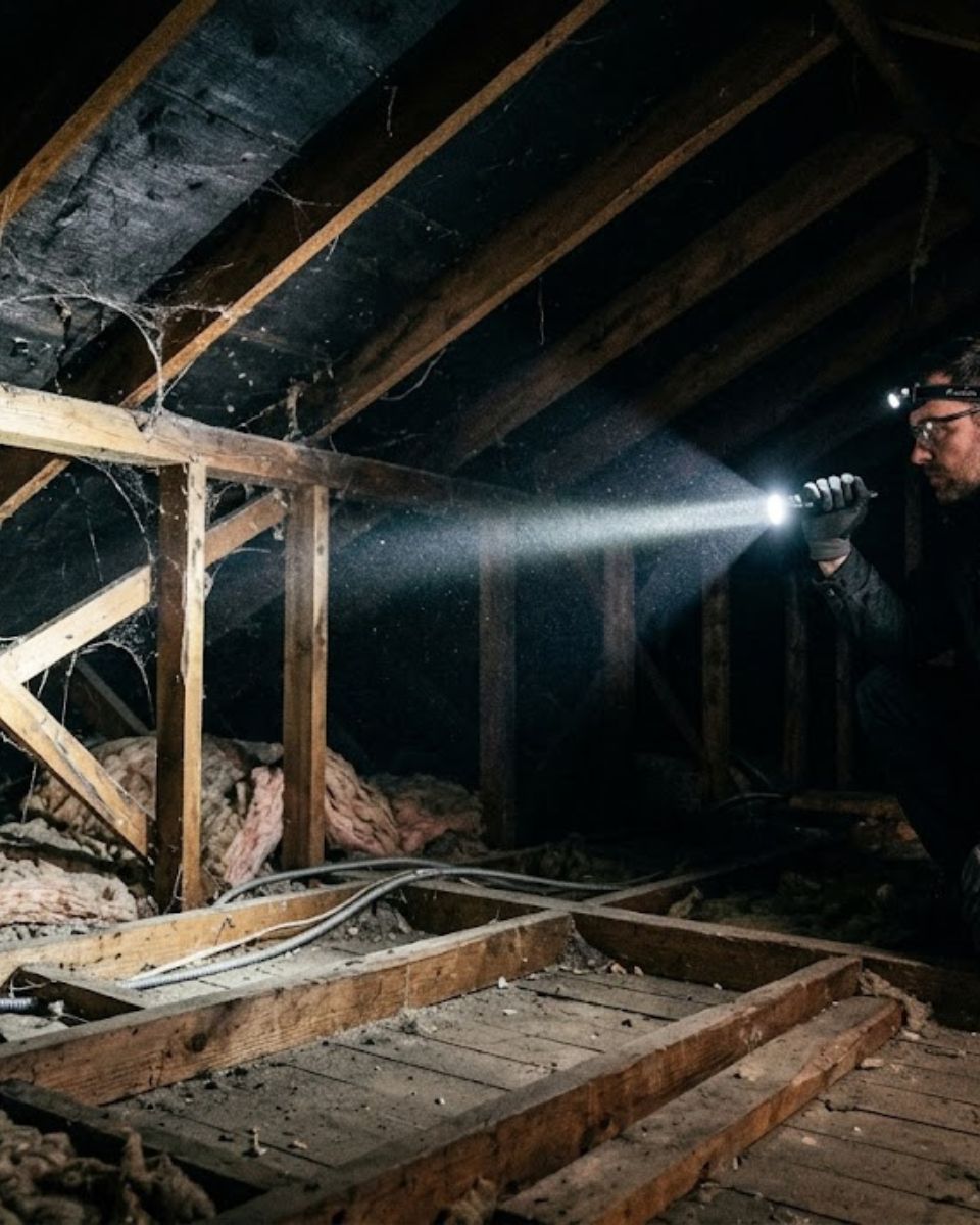 Technician inspecting dark attic with flashlight — rodent inspection in Savannah GA